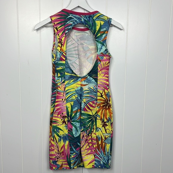 Zara Basic Bodycon Dress S Pink Yellow Tropical Open Back Fitted Racerback Mini - Picture 6 of 10